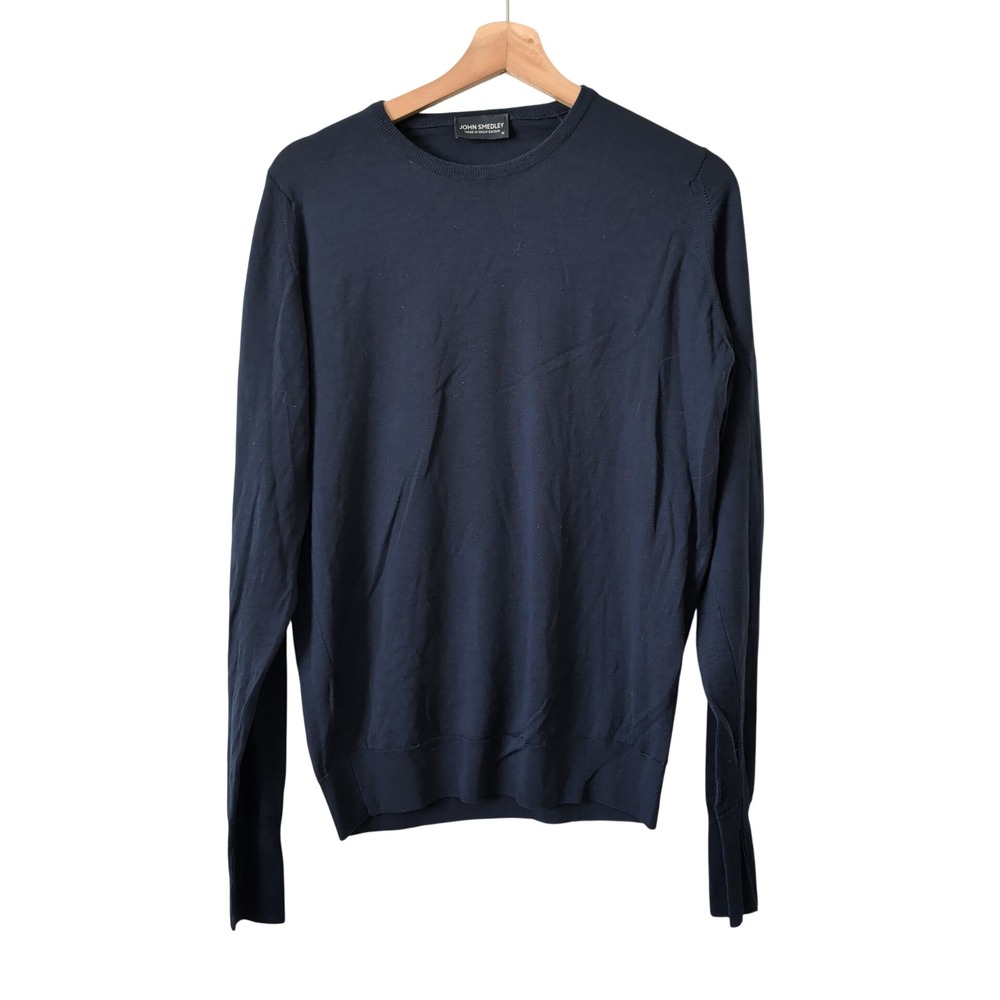 John Smedley Mens Navy Blue Extrafine Merino Wool Crewneck Sweater Made in UK M